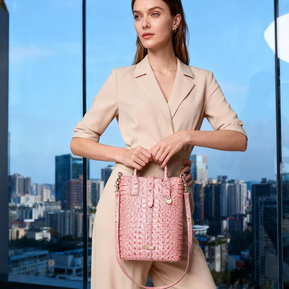 Women's Pink Crocodile Vegan Leather Tote Bag With Shoulder Strap - Picture 2 of 7
